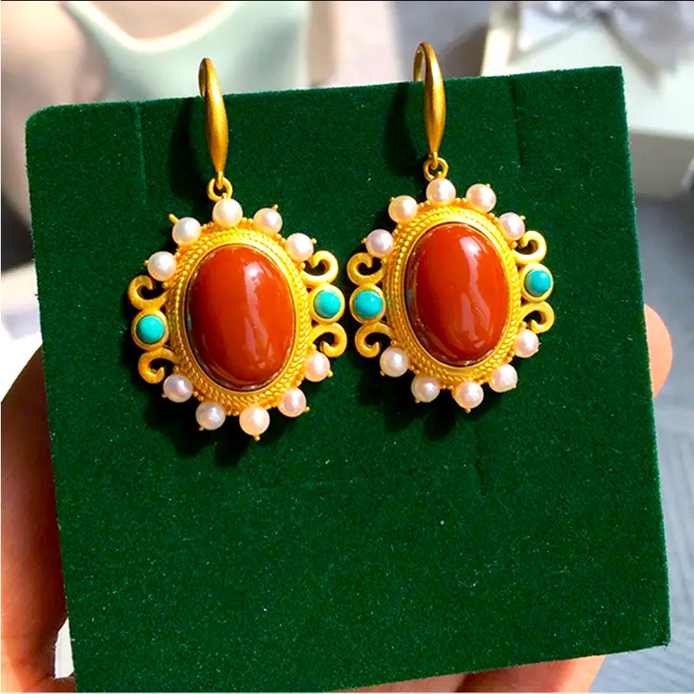 Natural South Red Agate  925 silver inlaid  pearl turquoise earrings.